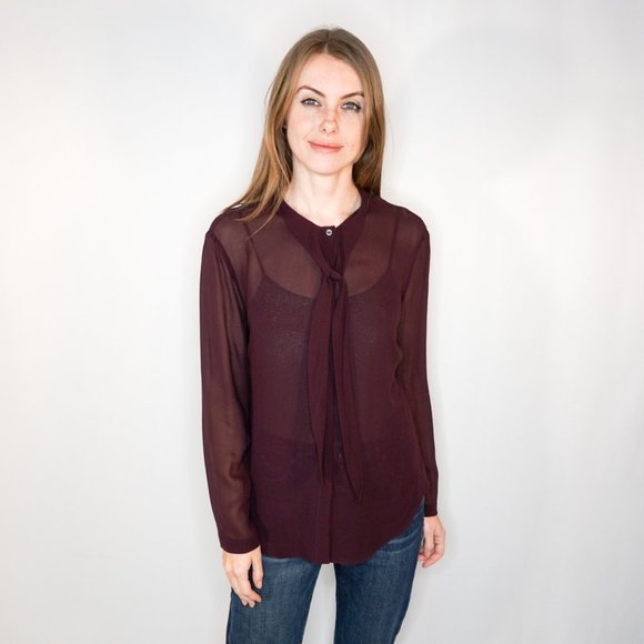 Piazza Sempione Tops - PIAZZA SEMPIONE Maroon Neck-Tie Button-Down Blouse